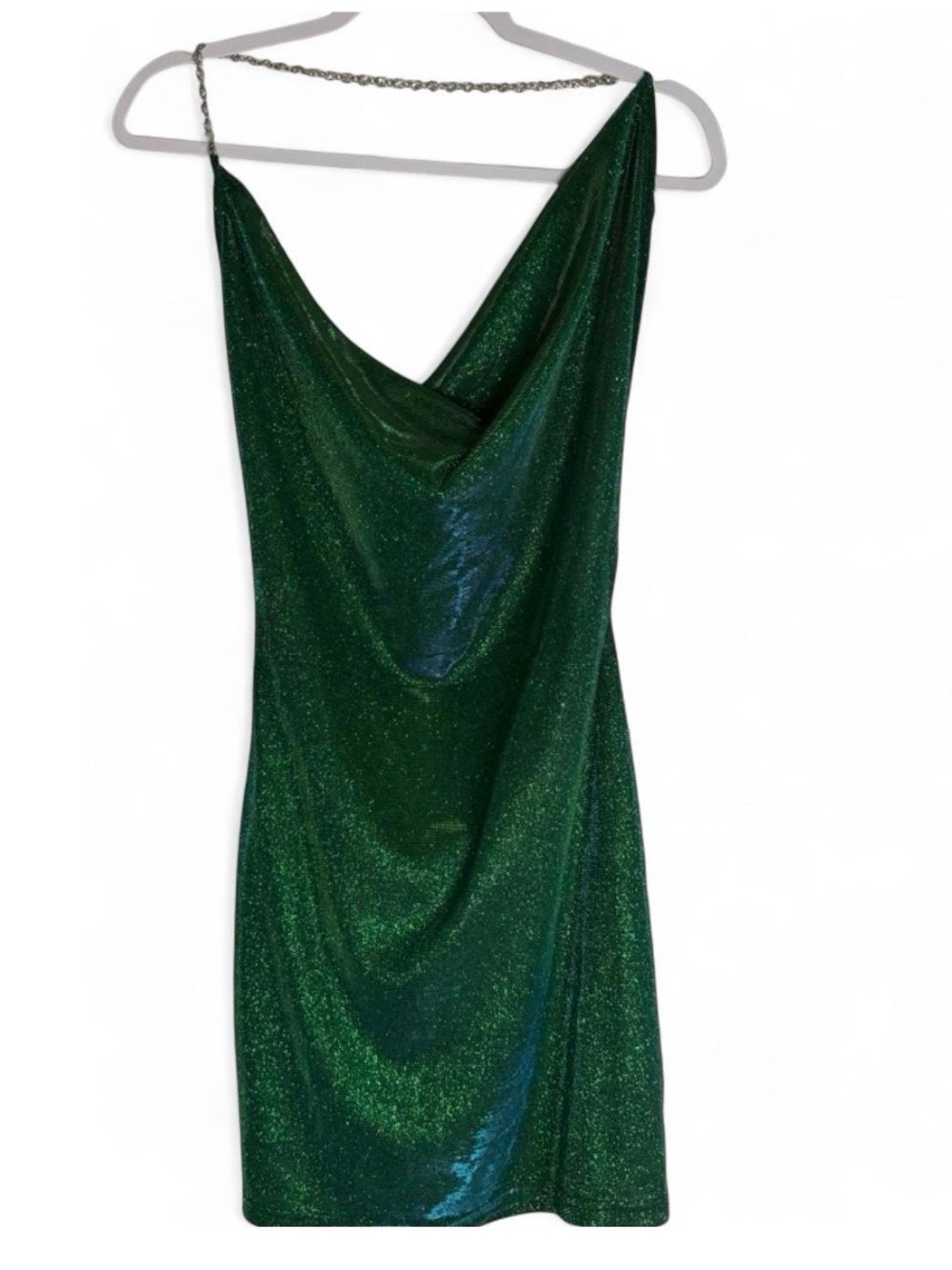 Green Glitter Cowl Neck Strapless Dress